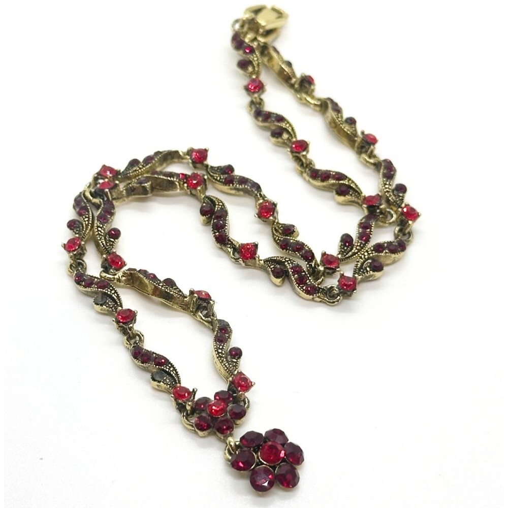 Vintage Rhinestone Necklace Red Crystal Gold Tone Flower Pendant JHS